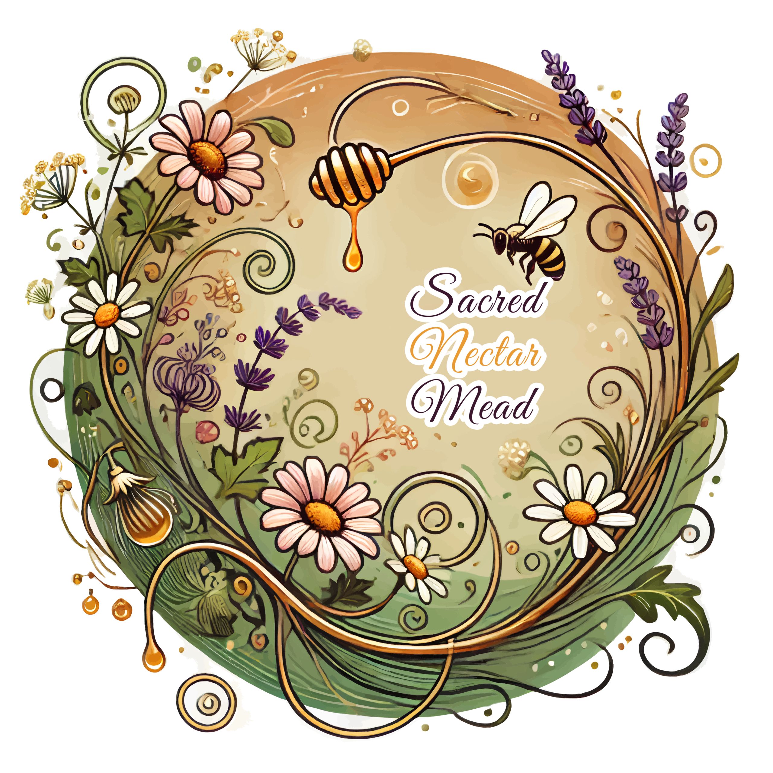 Sacred Nectar Mead logo of a bee with flowers and dripping honey