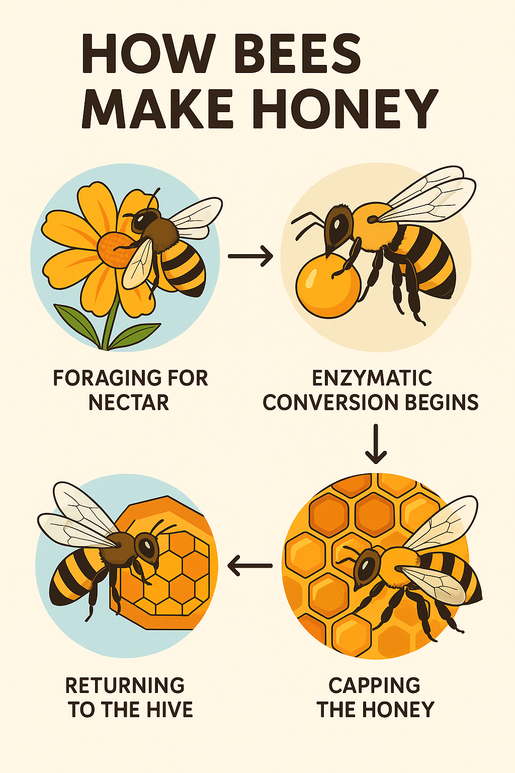 Graphic showing the different steps to how Bees Make Honey.
